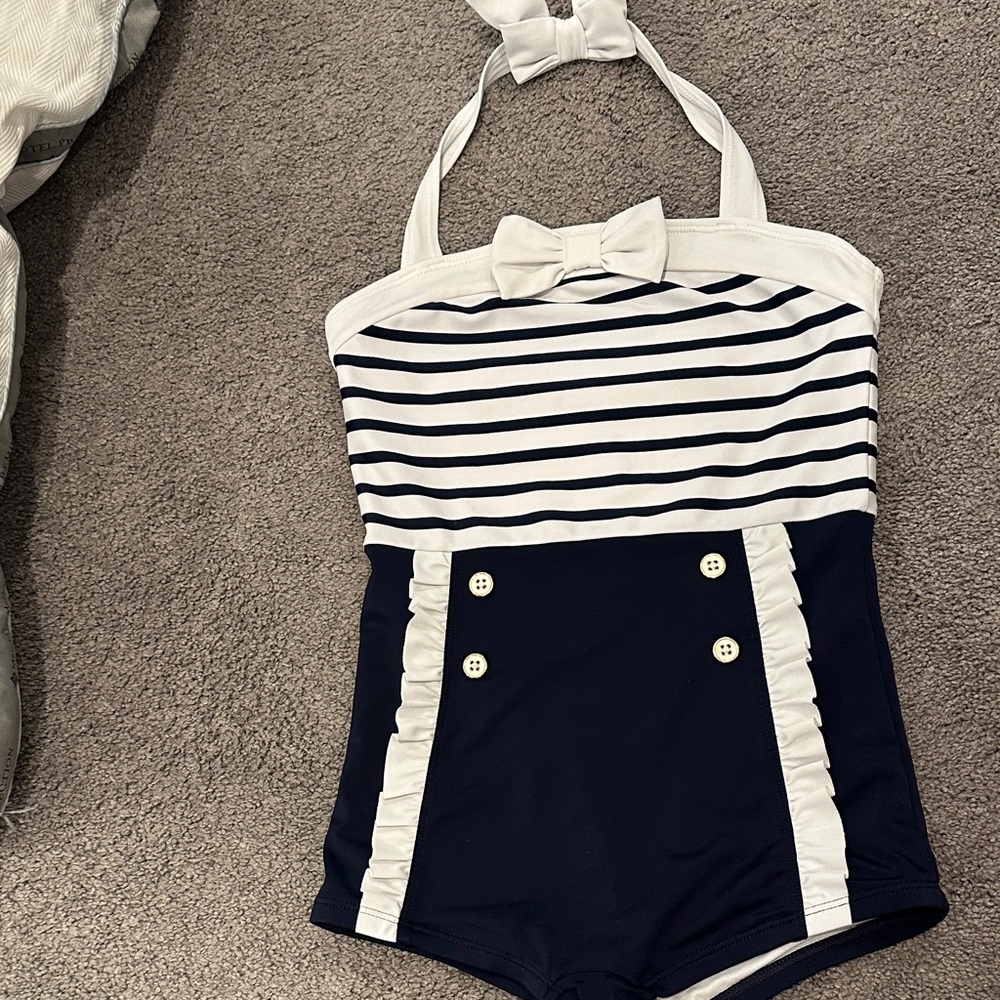 Janie and Jack Navy and White Striped Kids Swim One Piece